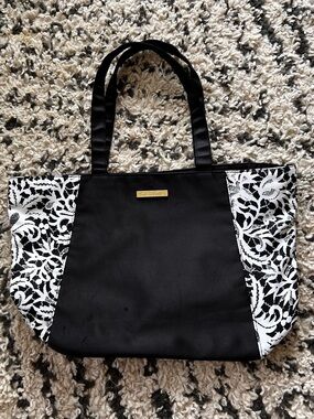 Oscar de la Renta Black White Floral Satin Tote Bag Gold Logo Shoulder Bag